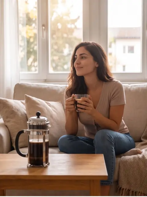 Frau genießt entspannt eine Tasse Kaffee auf dem Sofa